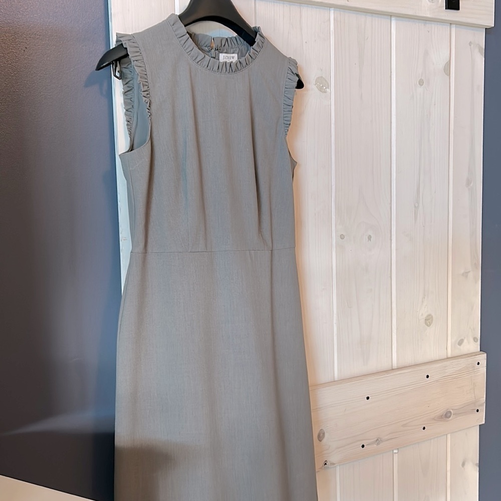 J Crew sleeveless size 6 dress in grey. Ruffles around neck line and sleeves
